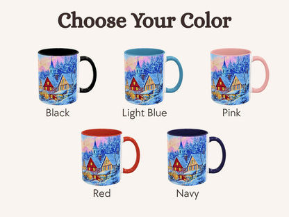 Set of mugs with a scenic design and color options on a white background