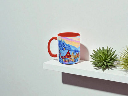 Mug with a scenic design on a white surface with a plant