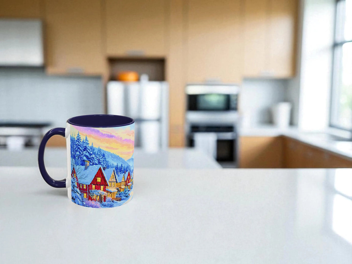 Mug with a scenic design on a kitchen counter
