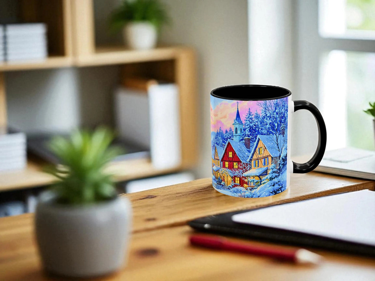 Mug with a scenic design on a desk with a plant and tablet in the background