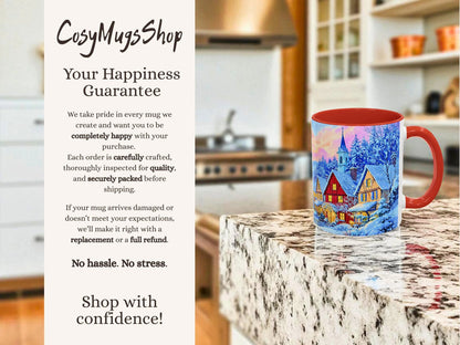 Red mug with watermelon pattern on a kitchen table, with 'CosyMugsShop' text and description.
