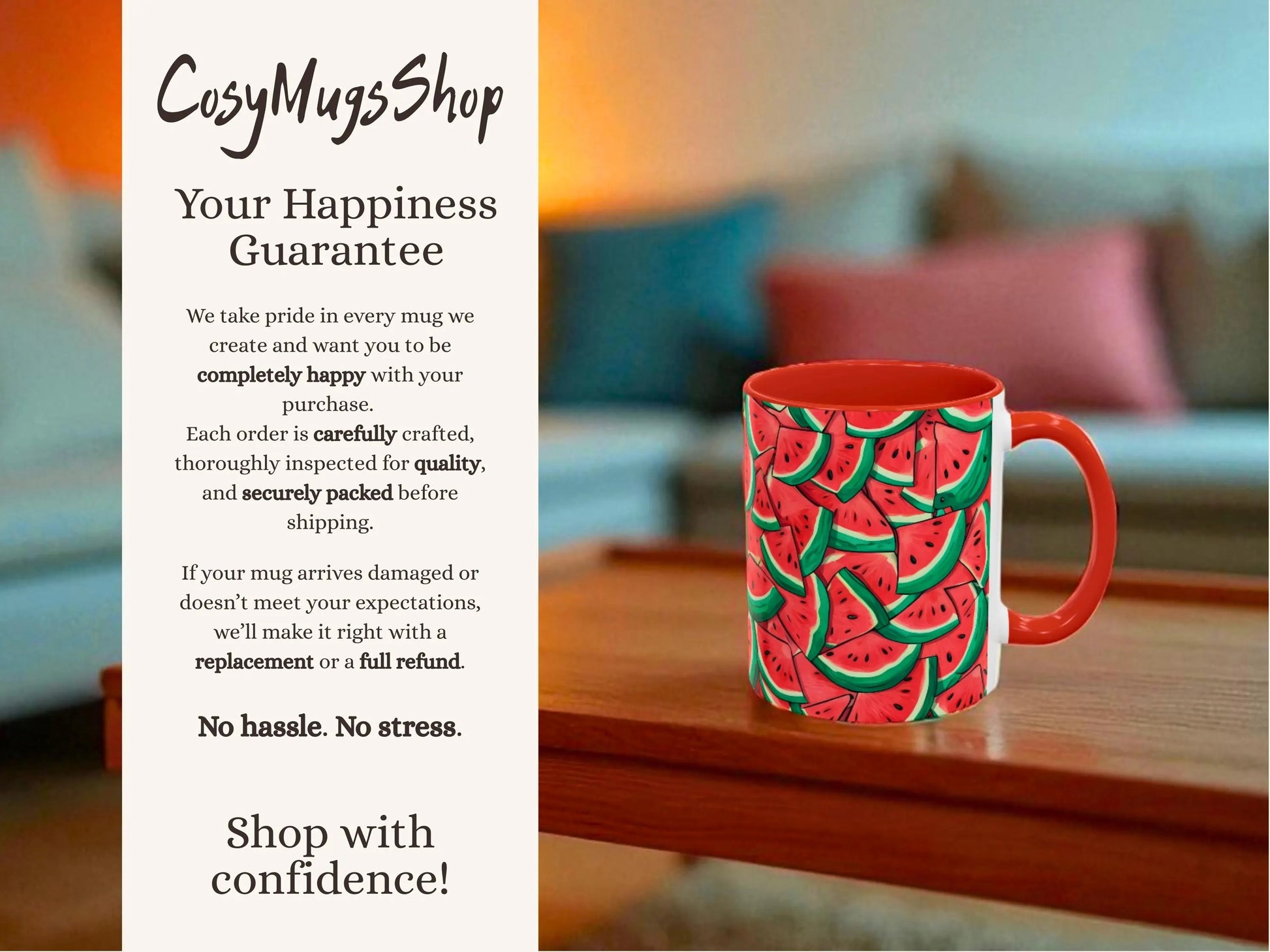 Red mug with watermelon pattern on a wooden table, with 'CosyMugsShop' text and description.