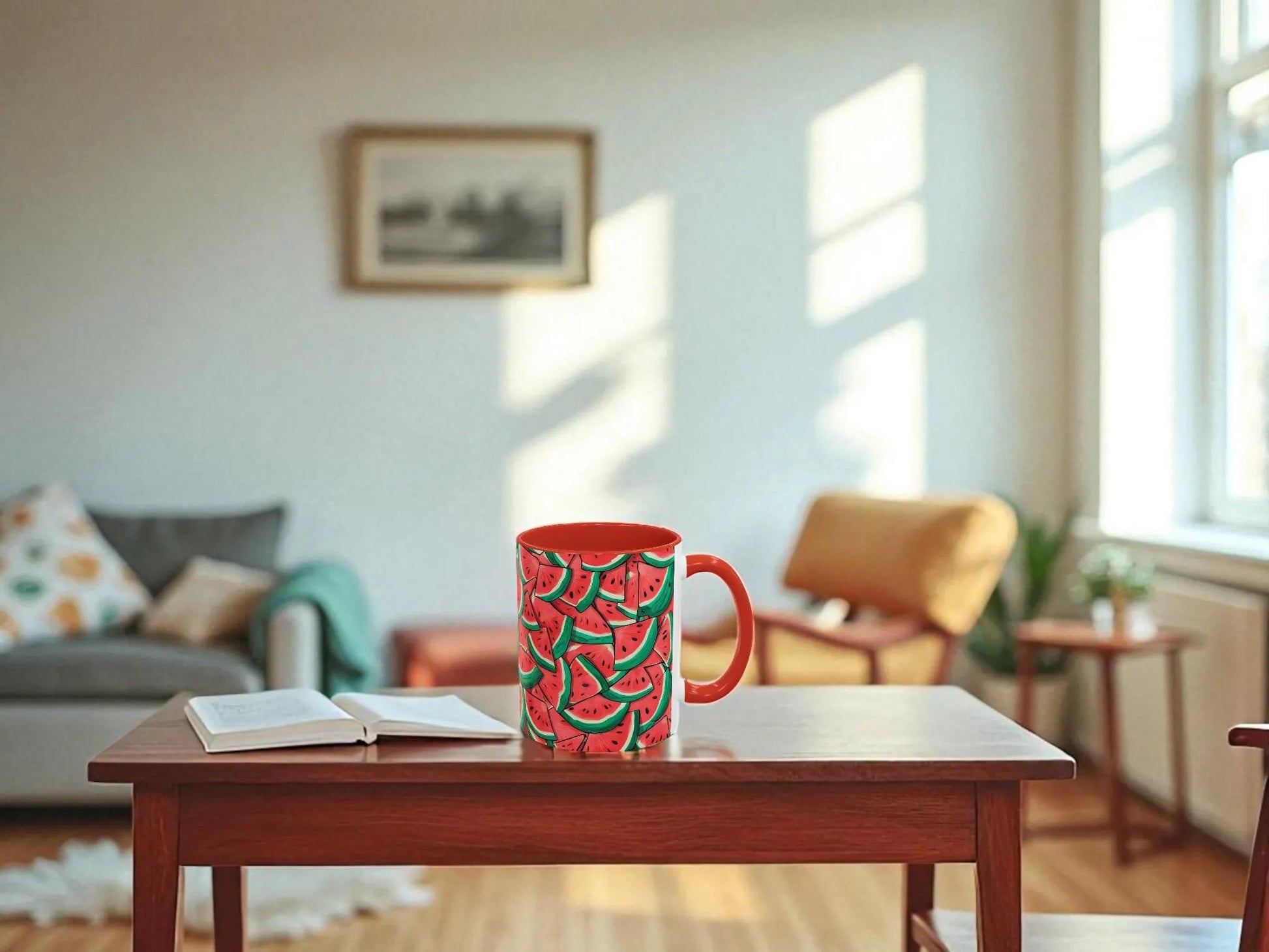 Red mug with watermelon pattern on a wooden table in a bright living room.
