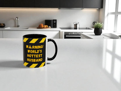 Mug with warning design on a kitchen counter