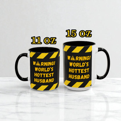 Two mugs with warning labels on a white background