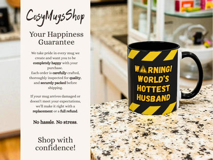 Mug with 'Warning! World's Hottest Husband' text on a kitchen counter, with promotional text about the 'CosyMugsShop' on the left.