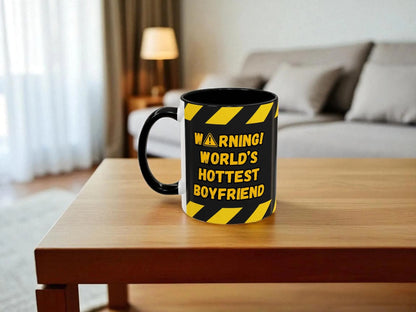 Mug with warning design on a table in a living room