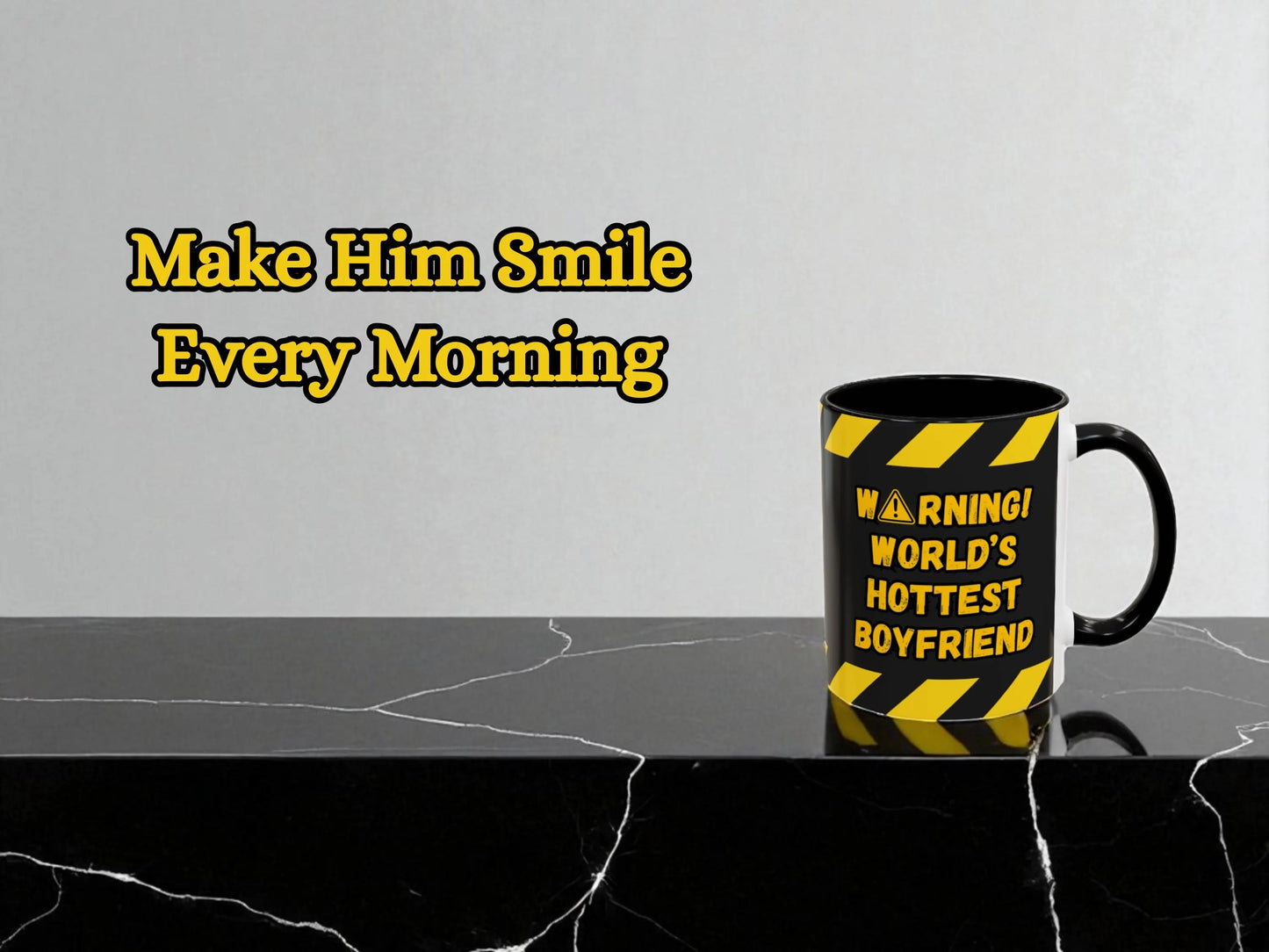 Mug with text 'Warning! World's Hottest Boyfriend' on a black surface with a gray background.