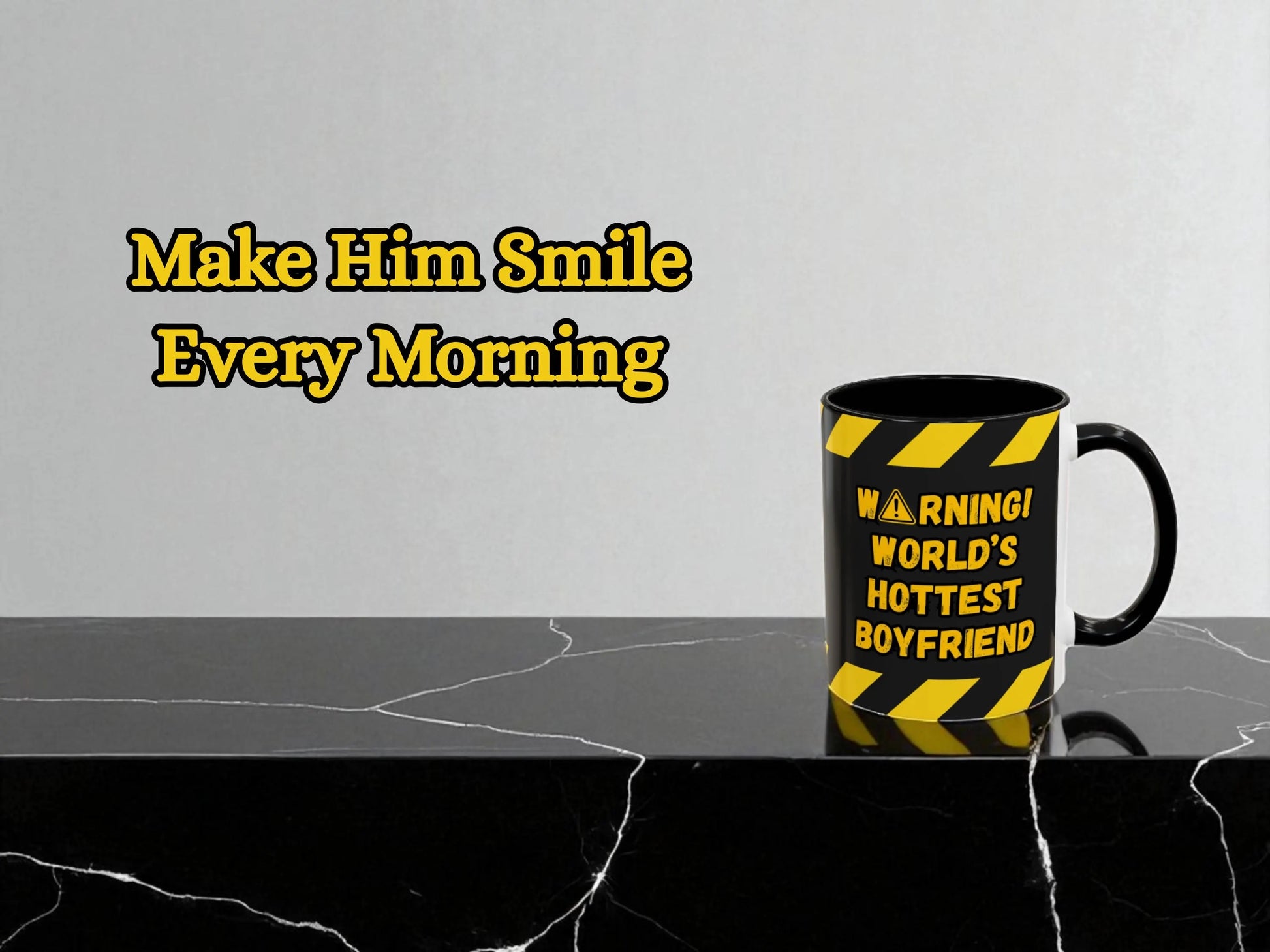 Mug with text 'Warning! World's Hottest Boyfriend' on a black surface with a gray background.