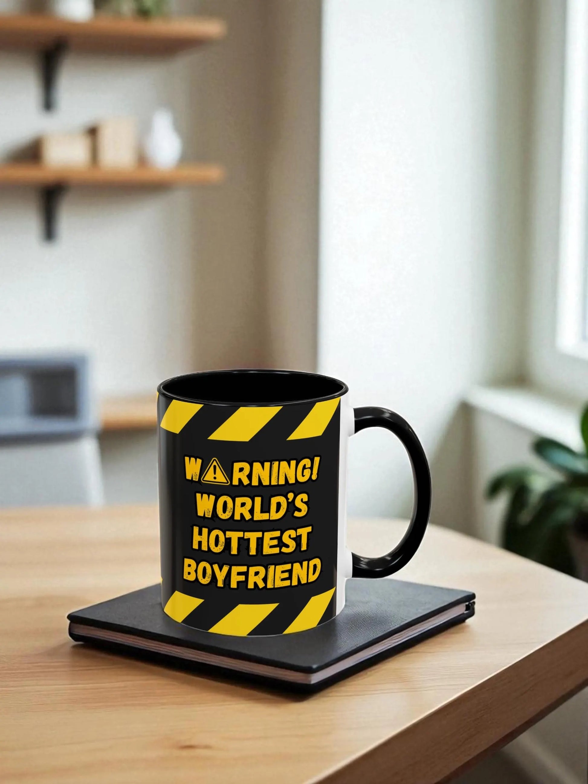 Mug with 'Warning! World's Hottest Boyfriend' text on a coaster in a home setting