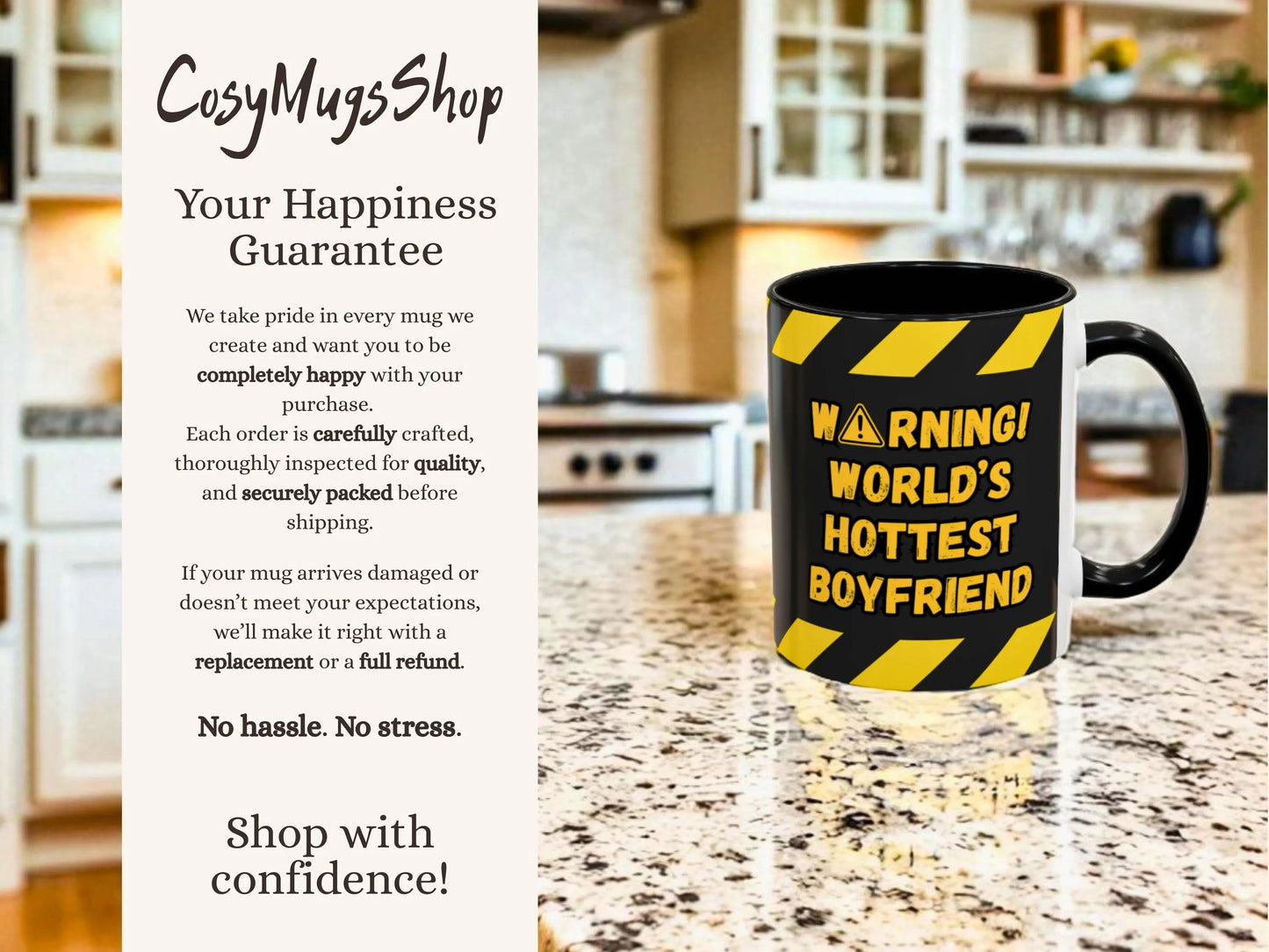 Mug with 'Warning! World's Hottest Boyfriend' text on a kitchen counter, with promotional text on the left.