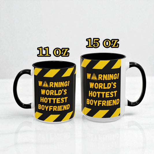 Two mugs with 'Warning: World's Hottest Boyfriend' text on a white background