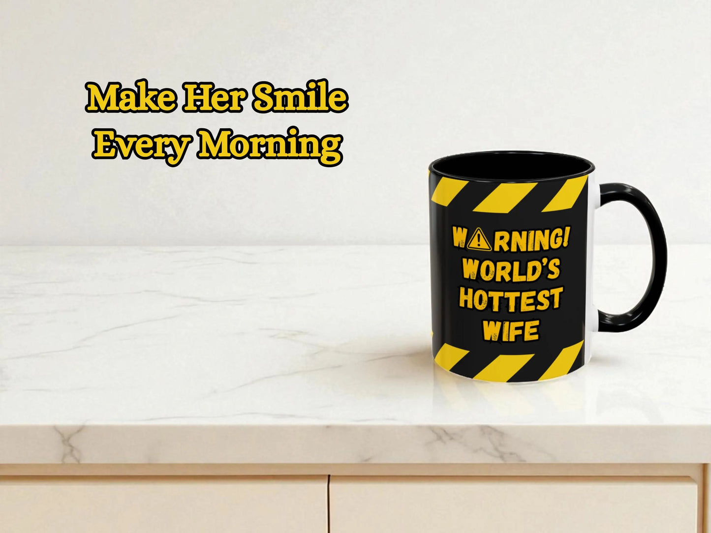 Black mug with yellow text on a white surface