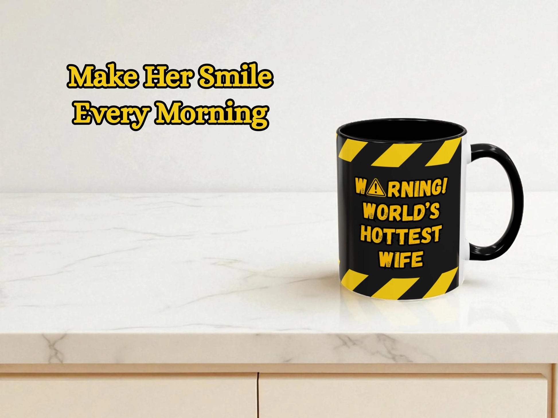 Black mug with yellow text on a white surface