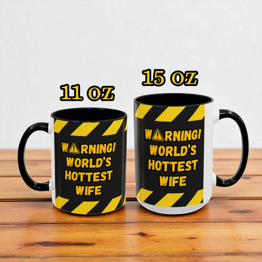 Two mugs with warning labels on a wooden surface