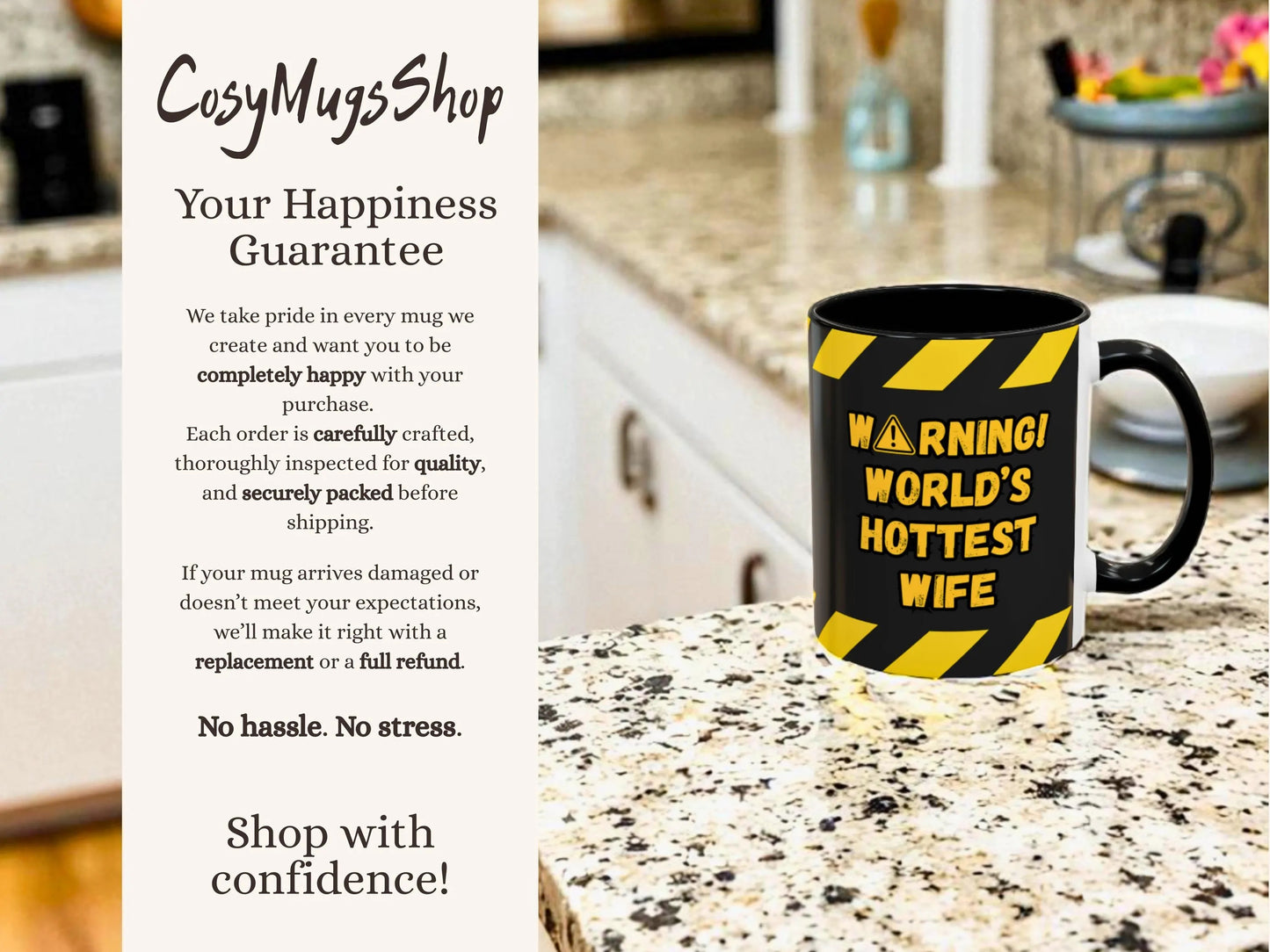 Mug with 'Warning! World's Hottest Wife' text on a kitchen counter, with promotional text about the 'CosyMugsShop' happiness guarantee.