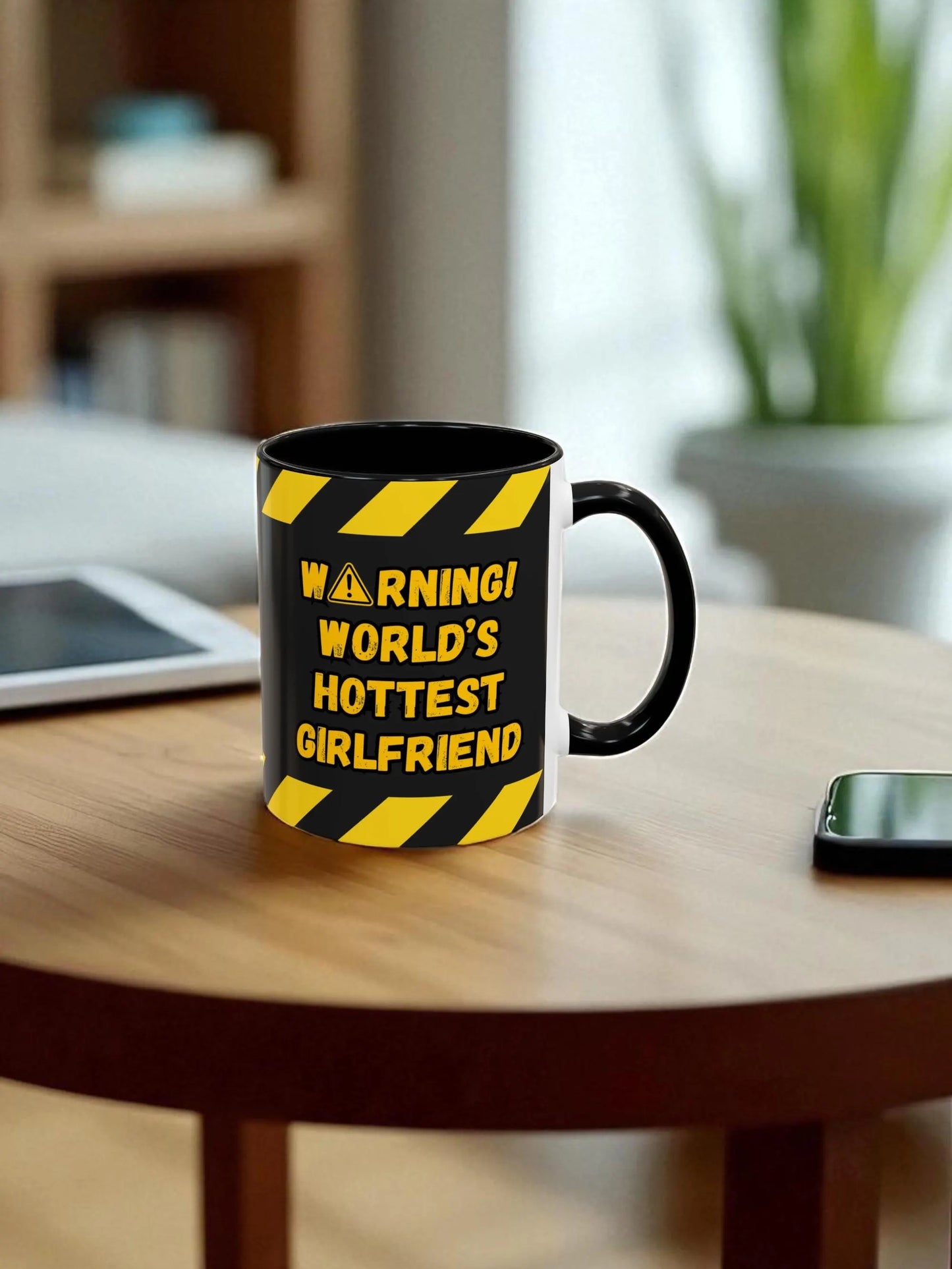 Mug with warning design on a table in a room