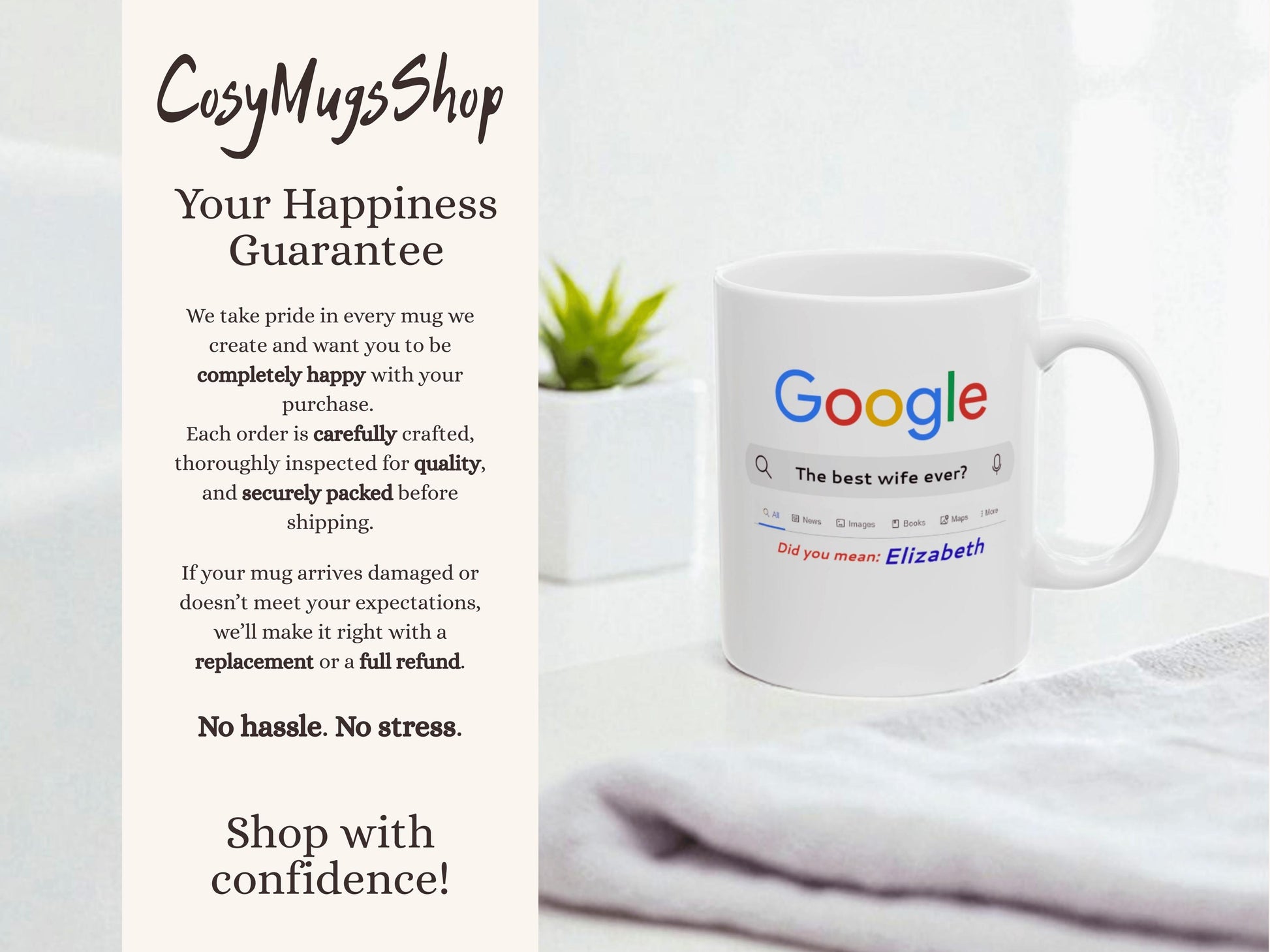 Mug with Google logo and text on a white surface, with promotional text for 'CosyMugsShop' on the left.