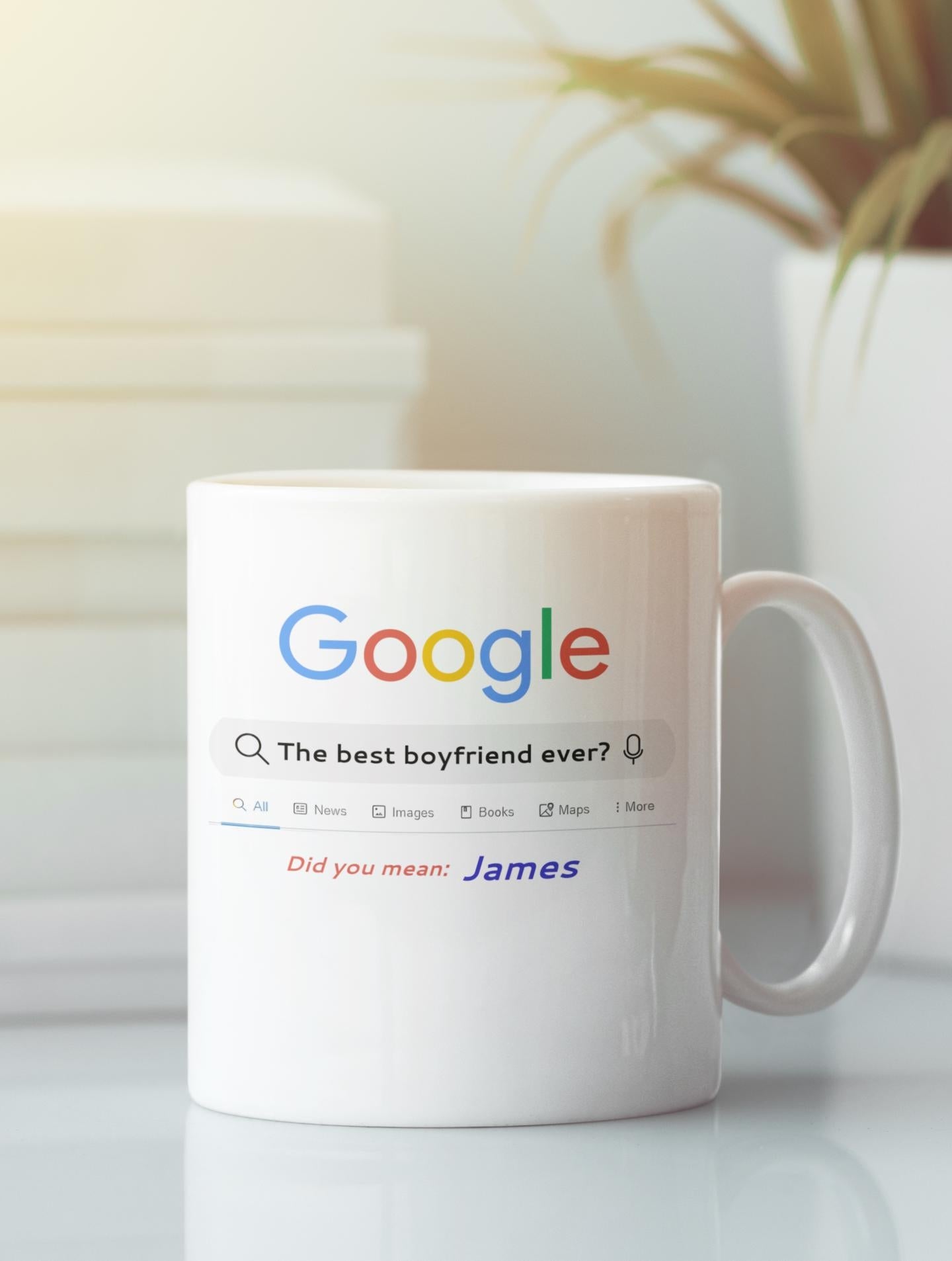 White mug with Google search bar design on a light background