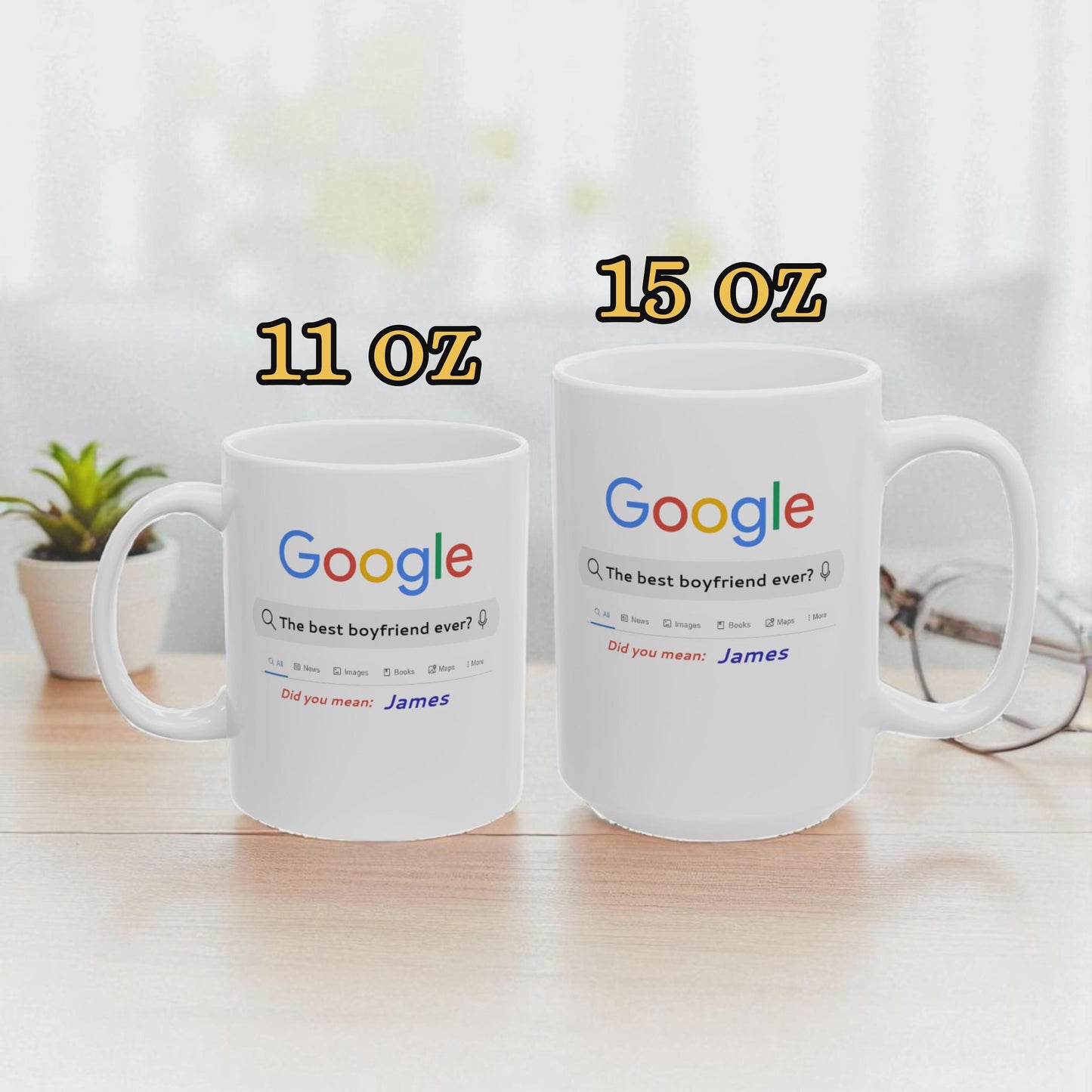 Two white mugs with Google logo and text on a light surface.
