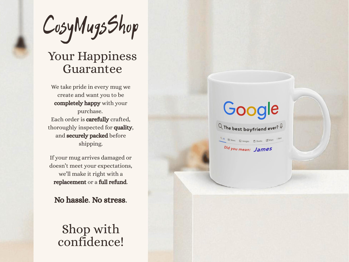 White mug with colorful text on a white background, featuring 'CusyMugsShop' branding.