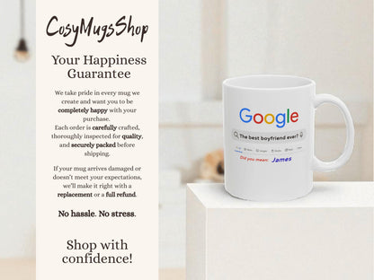 White mug with colorful text on a white background, featuring 'CusyMugsShop' branding.