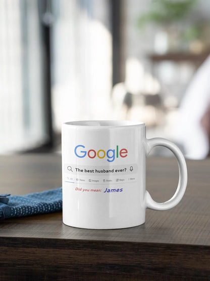 White mug with Google search query on a wooden surface