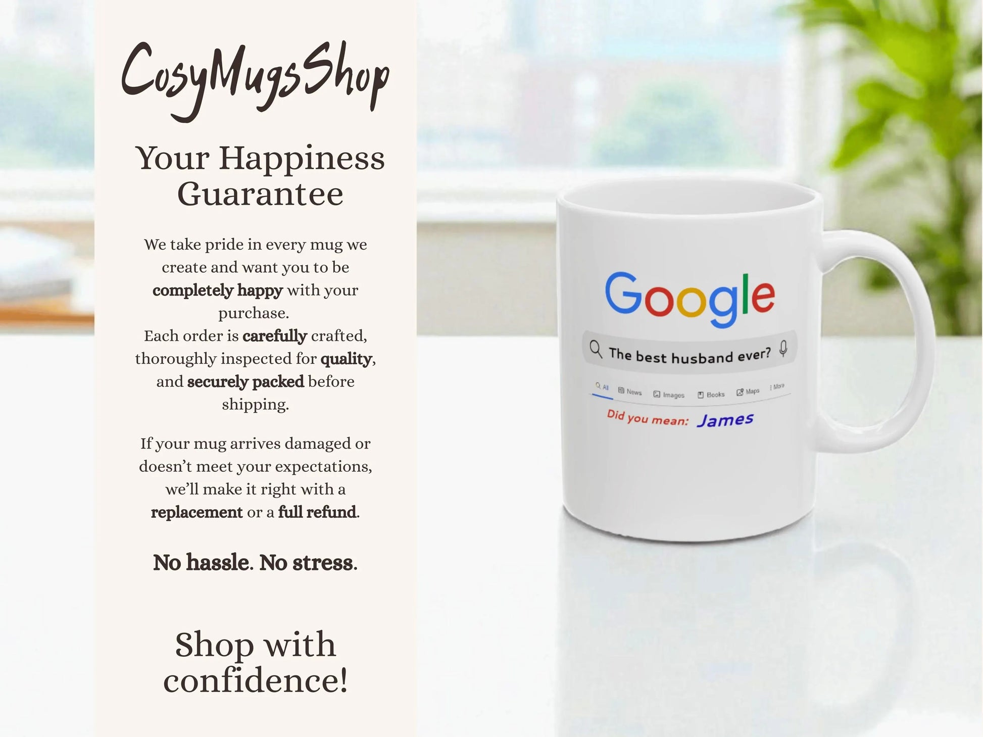 White mug with colorful text on a table with a blurred background