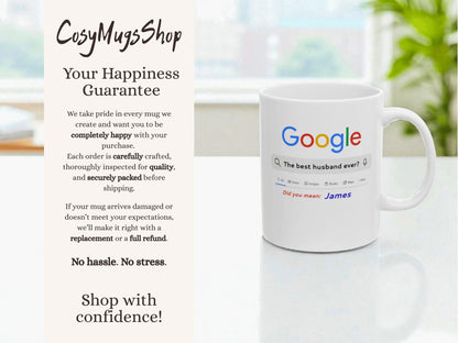 White mug with colorful text on a table with a blurred background