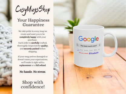 Mug with Google-themed design on a wooden surface, featuring text from 'CusyMugsShop'.