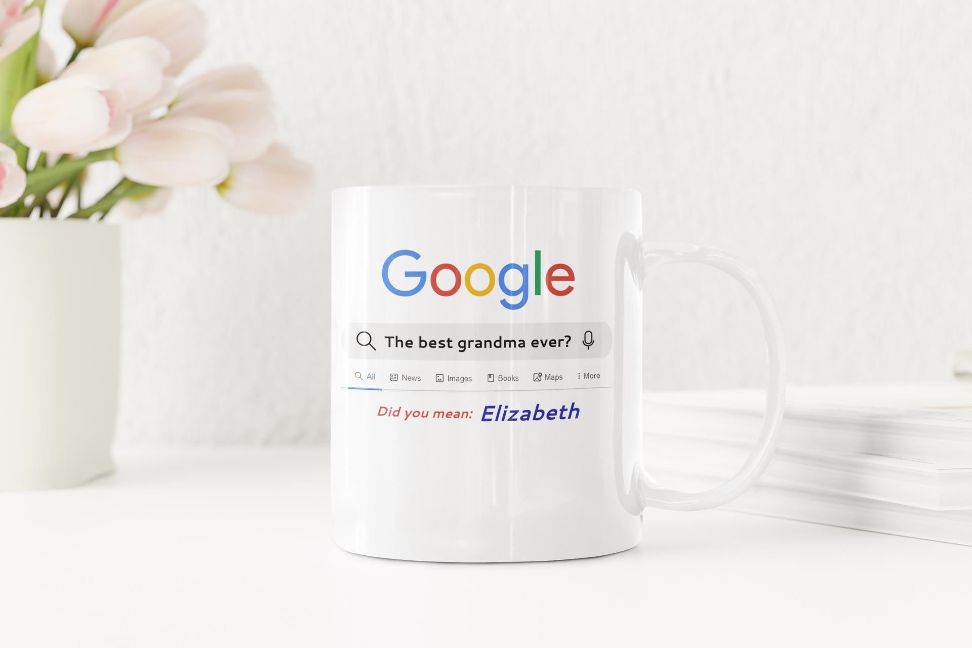 Mug with Google search bar design featuring a flower arrangement in the background
