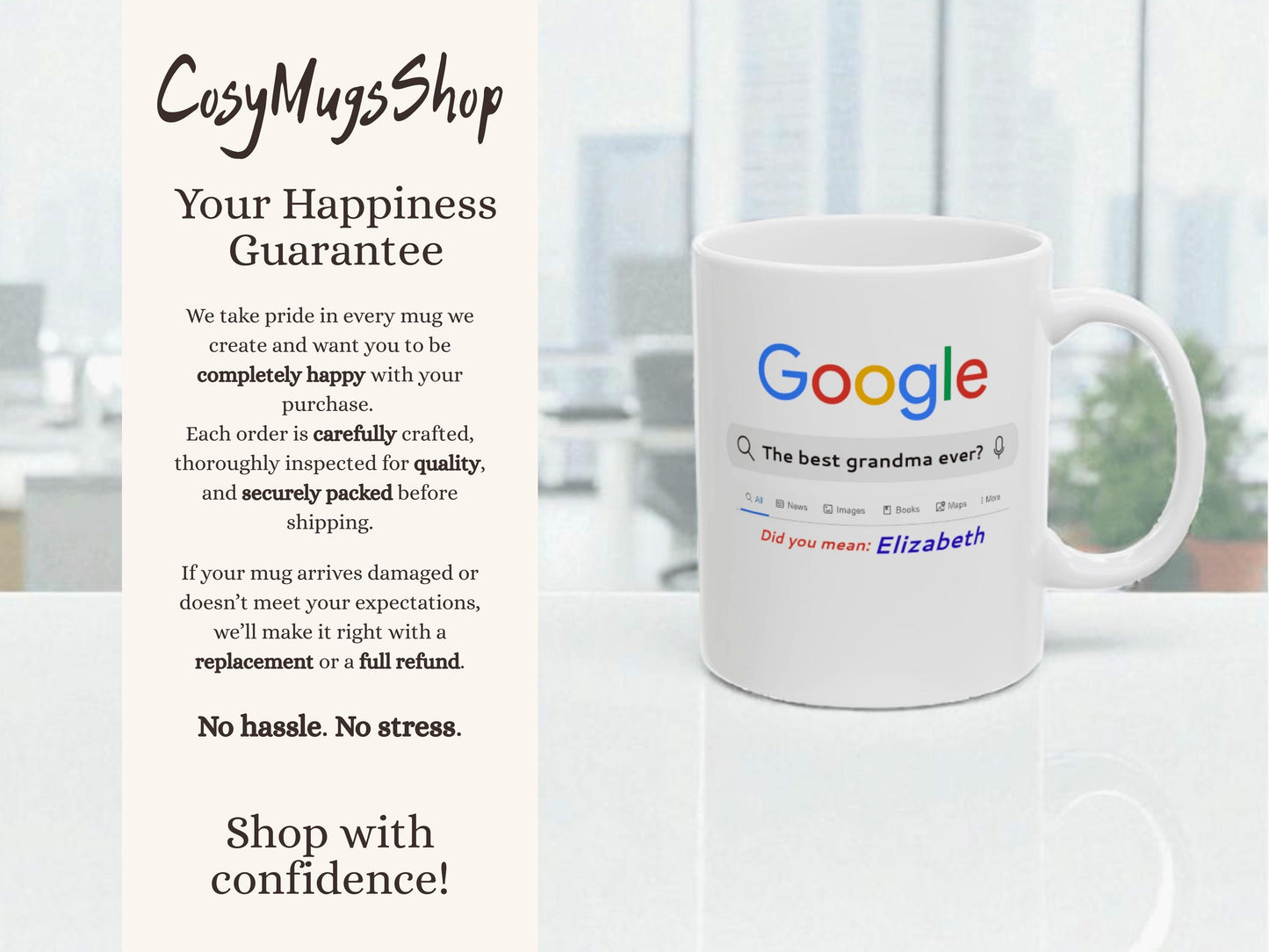 White mug with colorful text on a table with a window view, featuring 'CusyMugsShop' branding.