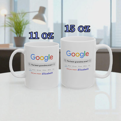 Two mugs with Google logo and text on a table, one labeled 11 oz and the other 15 oz.