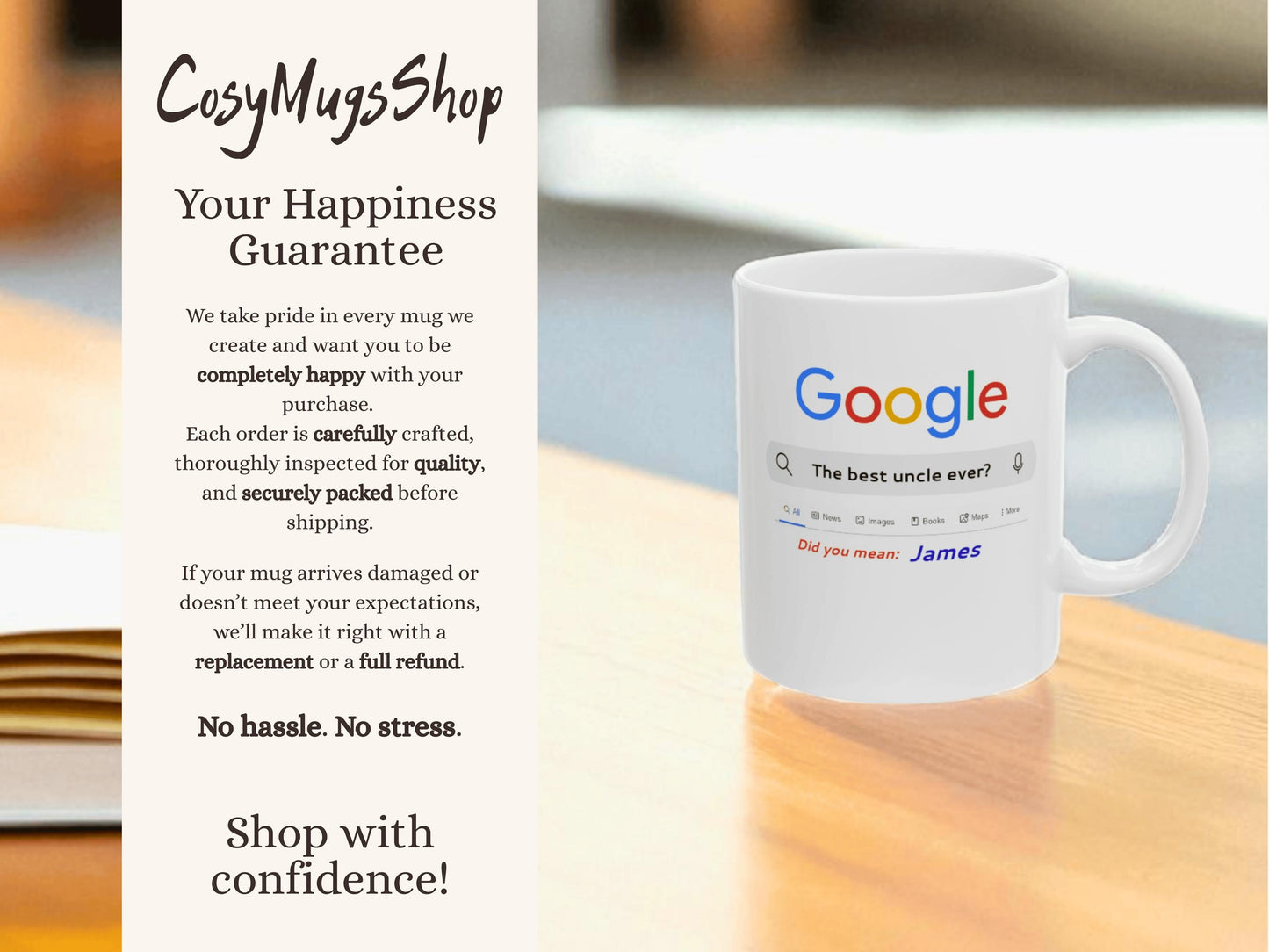 Mug with 'Google' text on a table, featuring 'CusyMugsShop' branding.