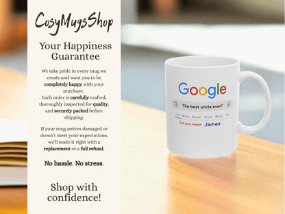 Mug with 'Google' text on a table, featuring 'CusyMugsShop' branding.