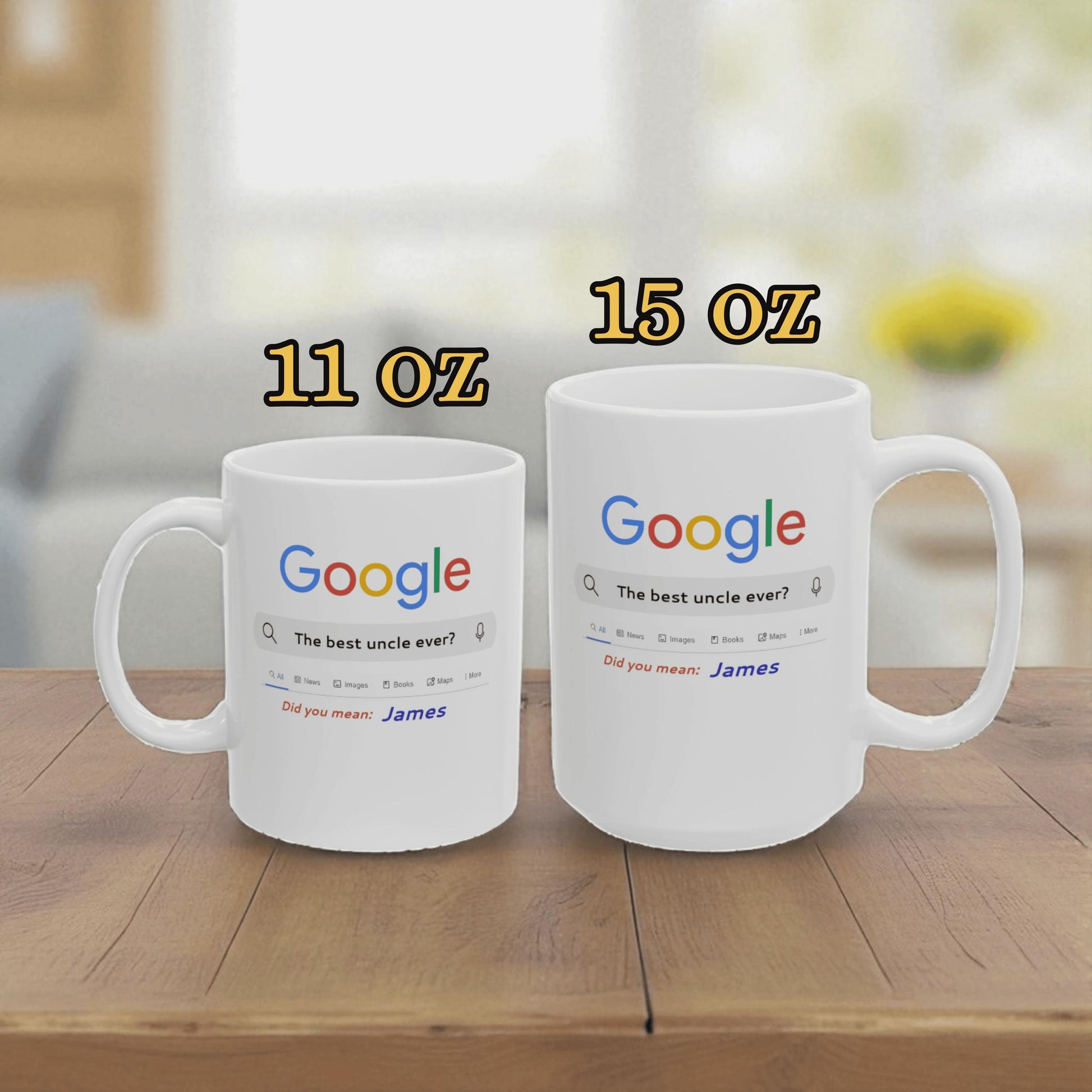 Two white mugs with Google logo and text on a wooden surface, labeled 11 oz and 15 oz.