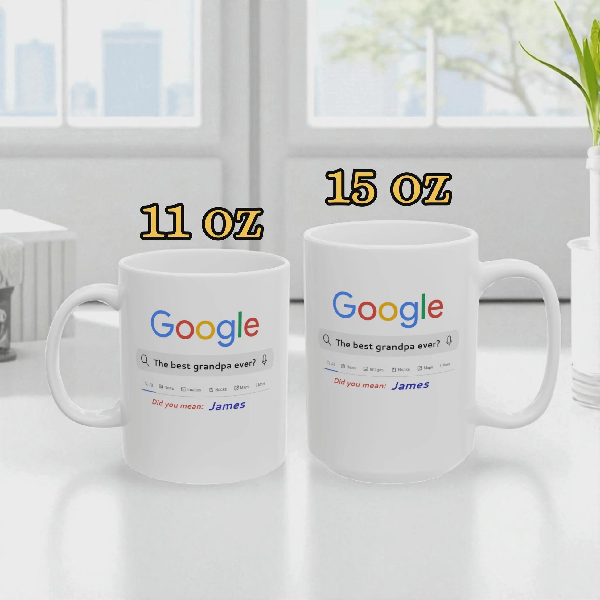 Two white mugs with Google search results printed on them, one labeled 11 oz and the other 15 oz, on a light surface.