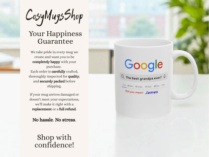 Mug with Google logo and text on a table with 'Cosy Mugs Shop' branding.
