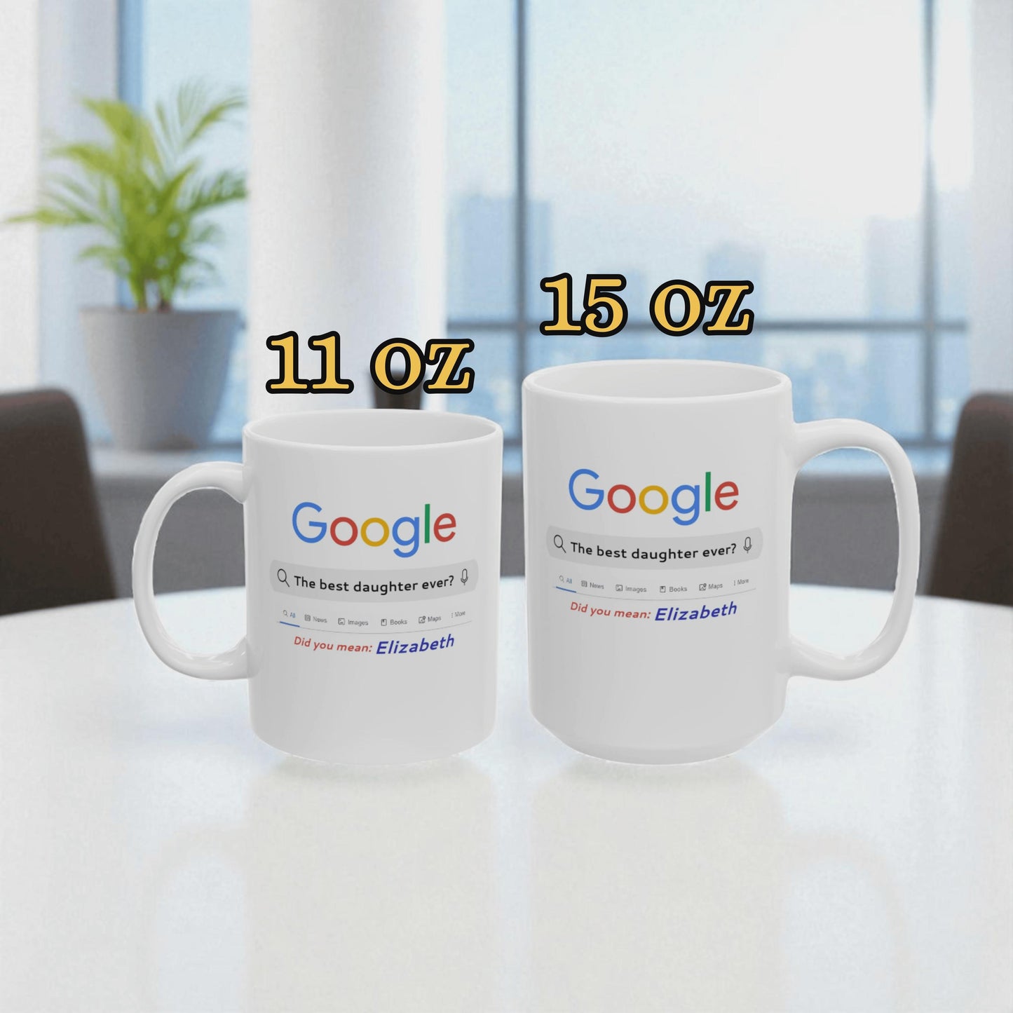 Two white mugs with Google branding on a table with a blurred office background