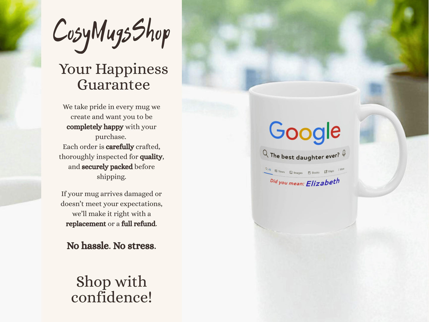 White mug with colorful text on a white surface with a blurred background