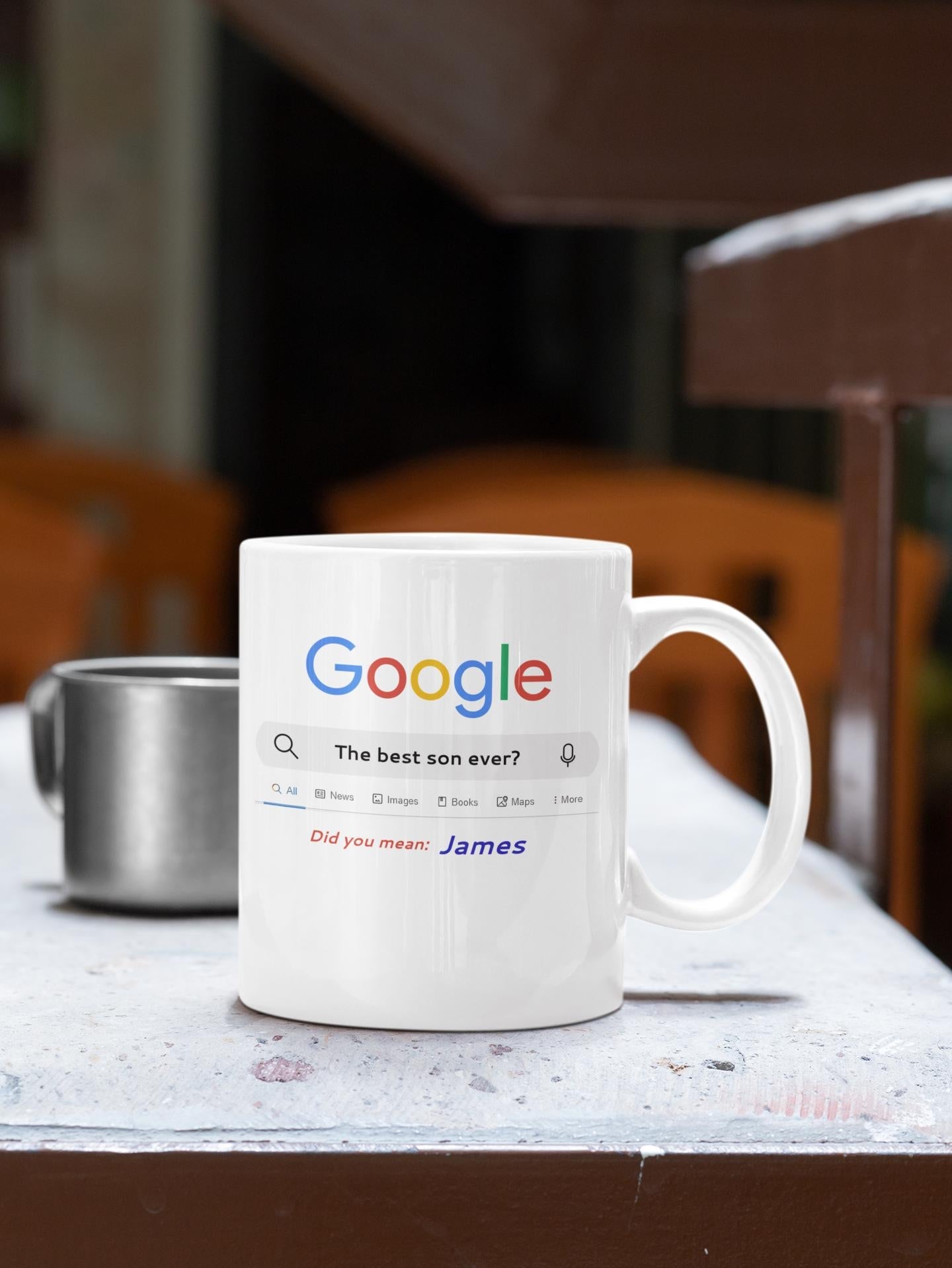 White mug with Google search interface design on a table