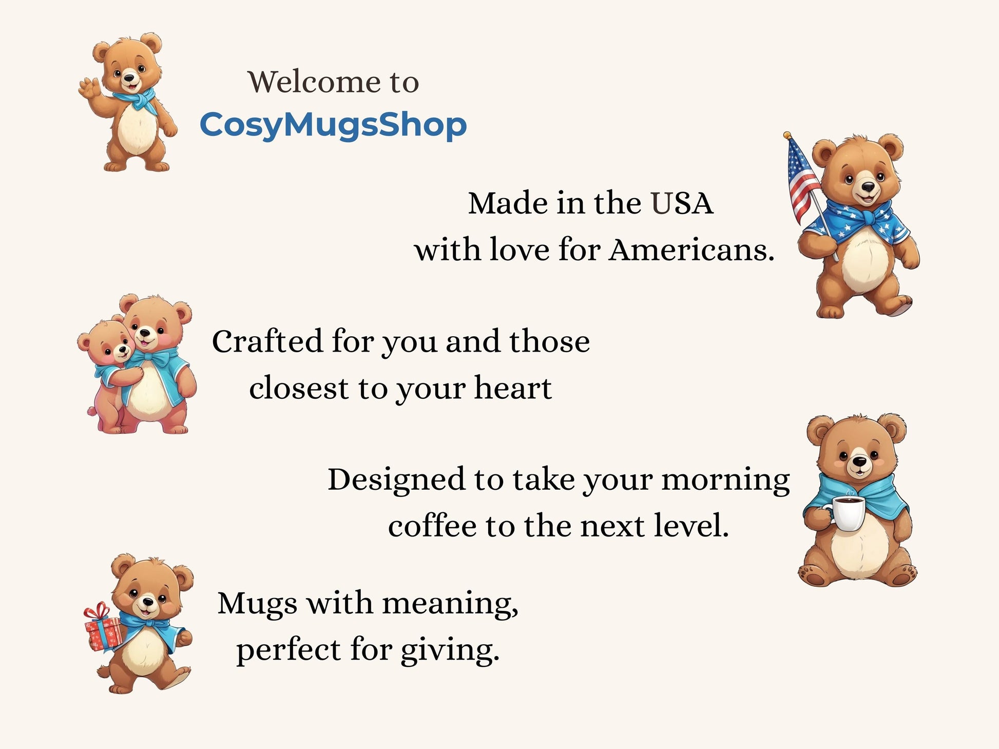 Cosy Mugs Shop advertisement with teddy bears and text on a white background