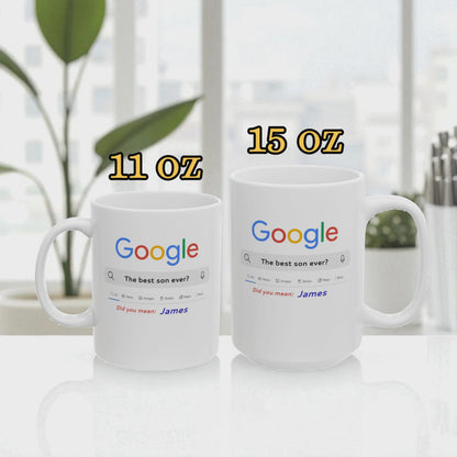 Two white mugs with Google logo and text on a light background