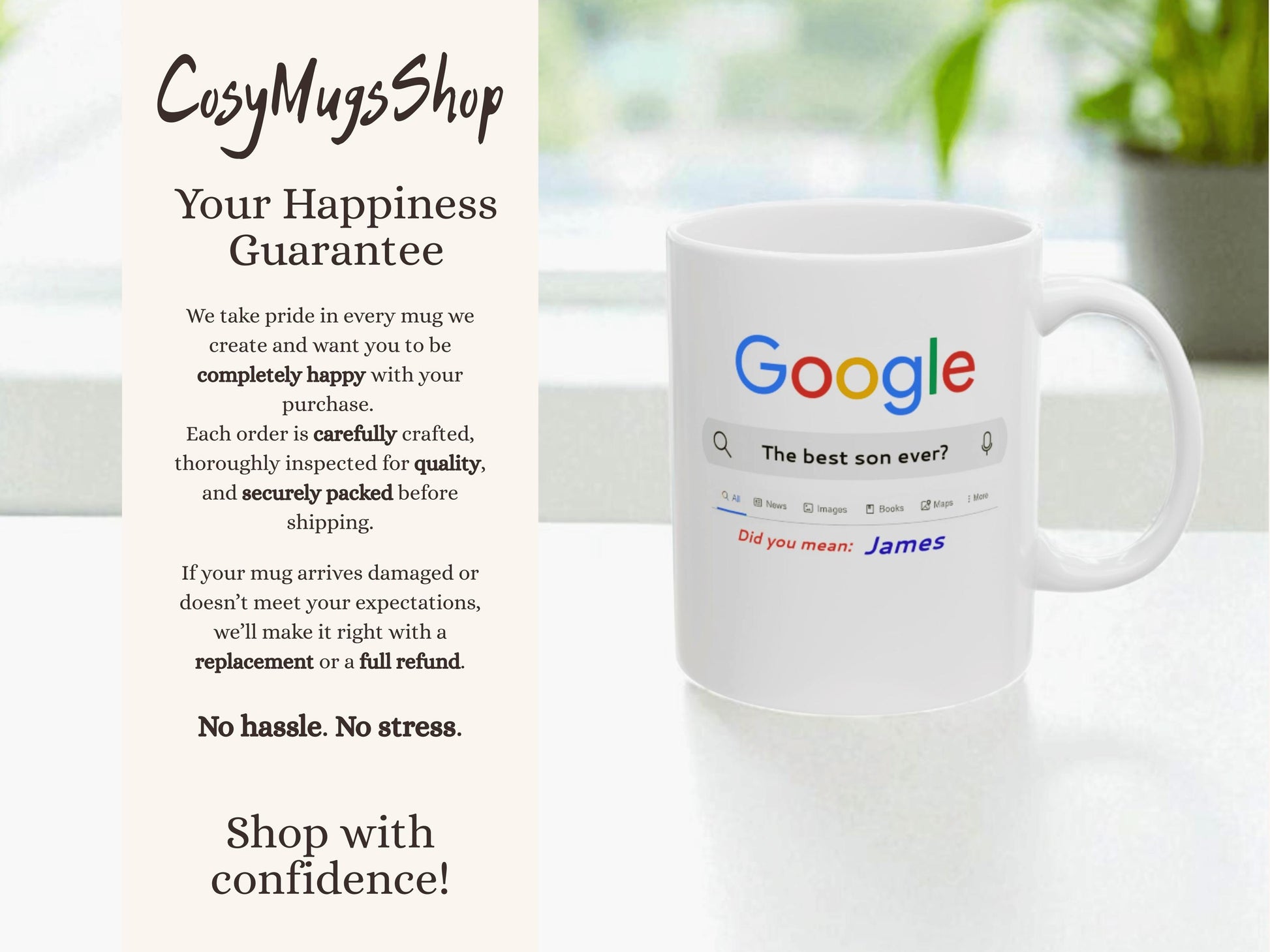 White mug with Google search bar design on a white background, featuring 'CusyMugsShop' text.