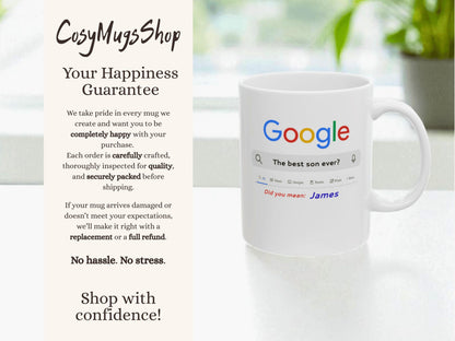 White mug with Google search bar design on a white background, featuring 'CusyMugsShop' text.