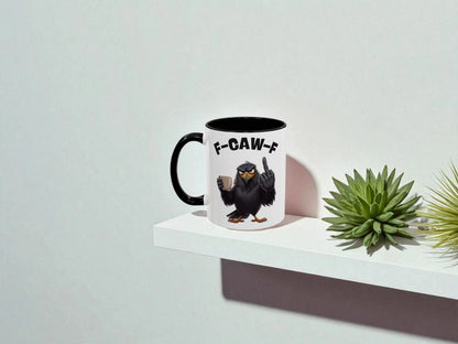 Mug with an eagle design and text on a white shelf with a plant