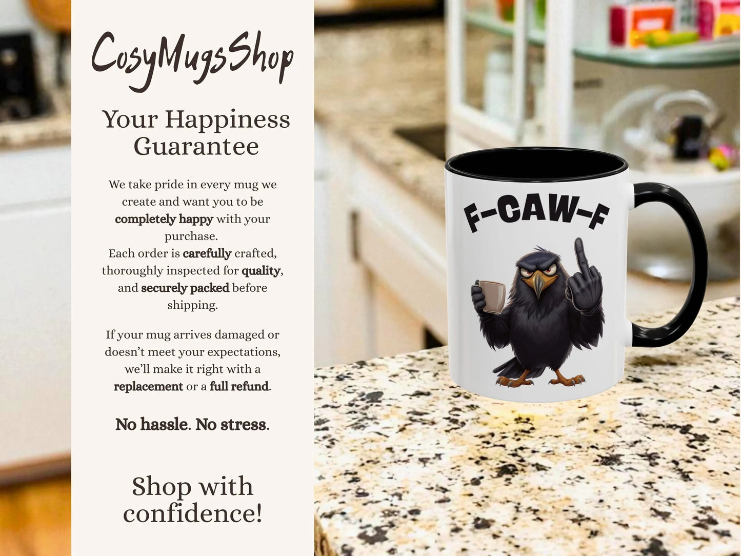 Mug with bird design and text 'F-CAW-F' on a kitchen counter, with promotional text for 'CosyMugsShop' on the left.