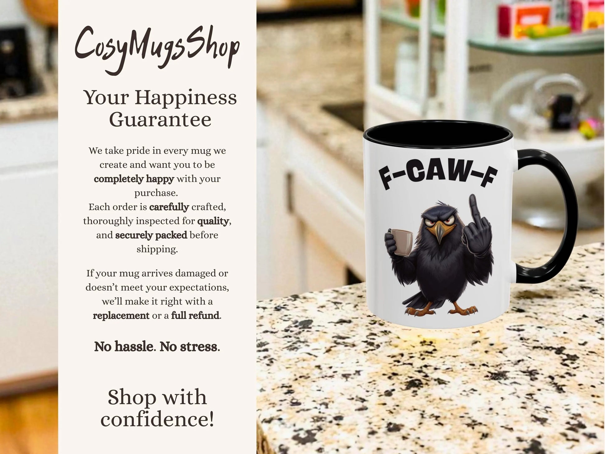 Mug with bird design and text 'F-CAW-F' on a kitchen counter, with promotional text for 'CosyMugsShop' on the left.
