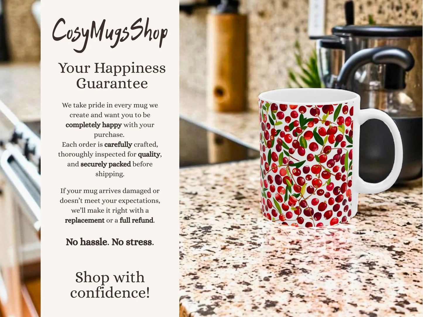 Colorful mug with cranberry design on a kitchen counter, featuring 'CosyMugsShop' text.