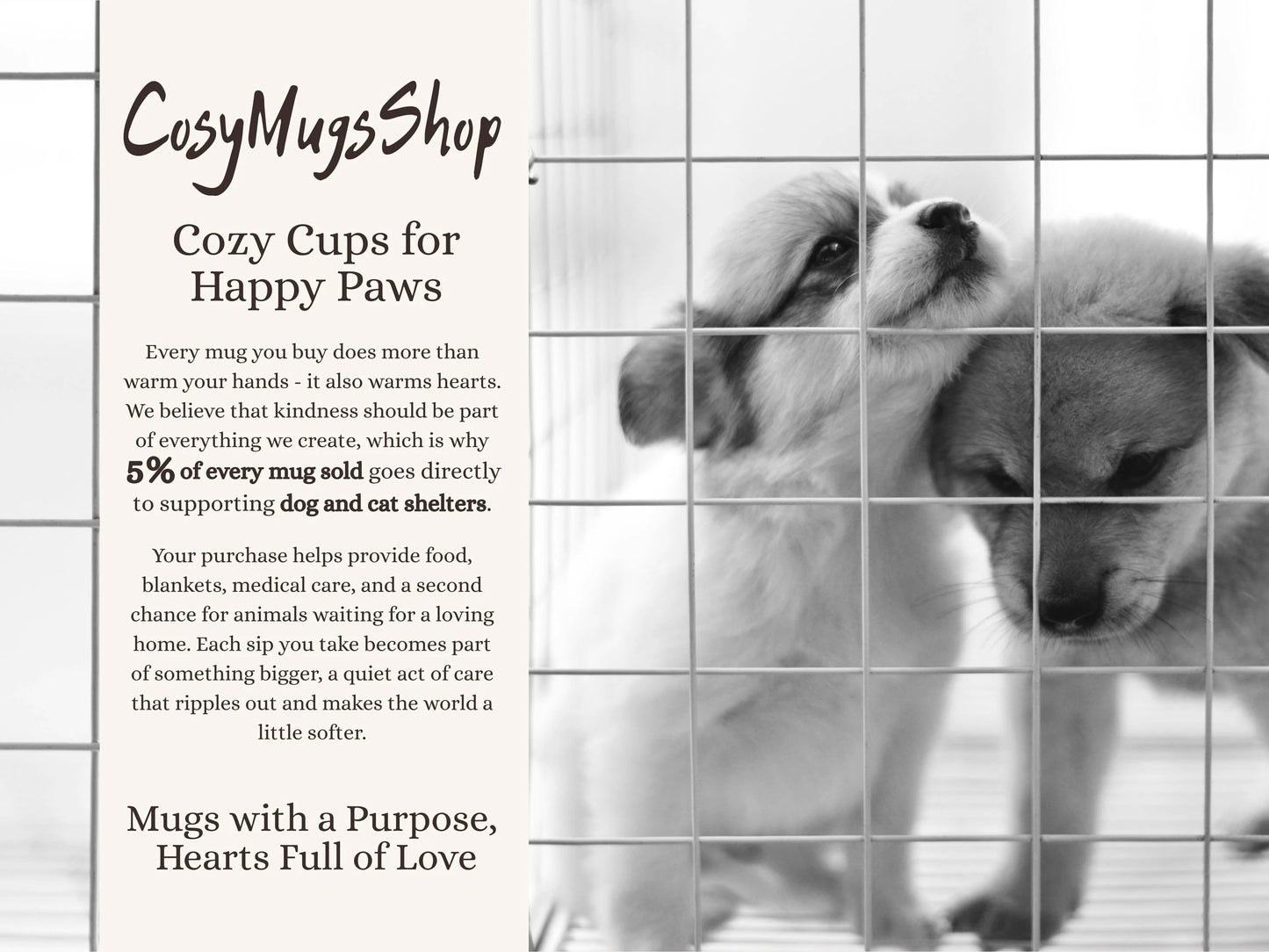 Dog behind a grid with promotional text for Cozy Mugs Shop
